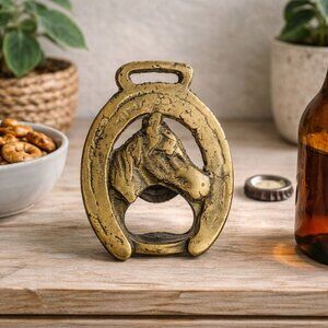 Vintage Brass Horse Head & Horseshoe Wall-Mounted Bottle Opener 4" Tall Rustic B